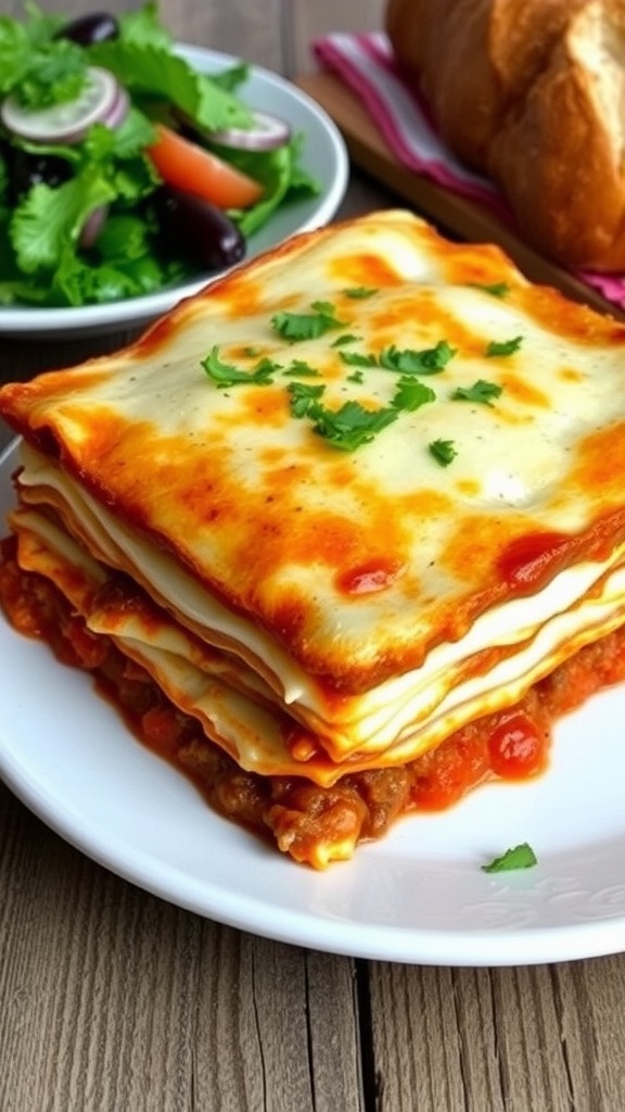 A golden-brown baked lasagna with layers of meat sauce and cheese, garnished with parsley on a wooden table with salad and bread.